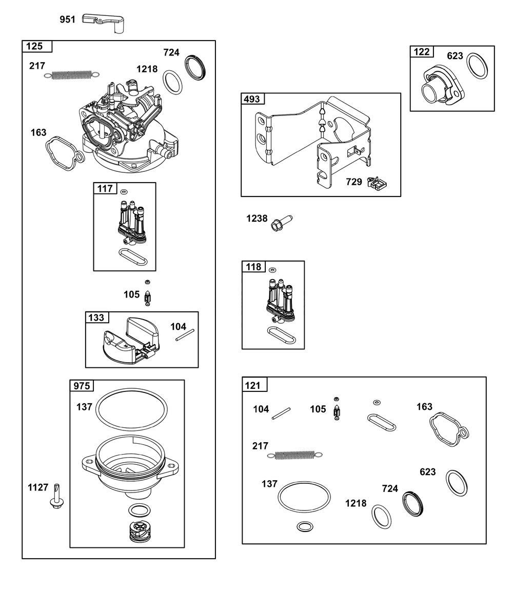Carburetor Group Diagram and Parts List for 125P02-0087-F1 100000 - 19Z999 Briggs and Stratton Engine